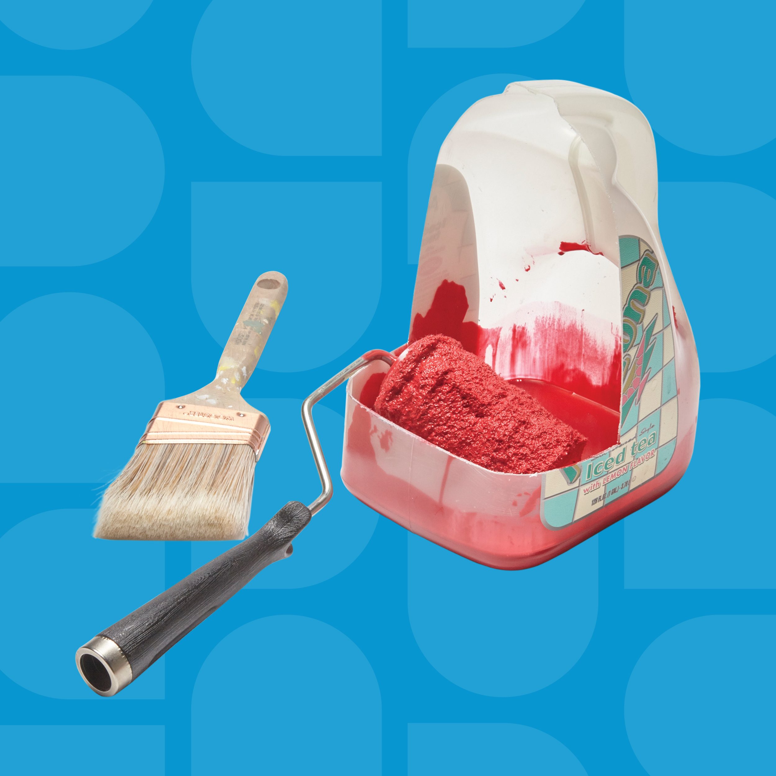 A paintbrush and roller with red paint inside a modified milk jug container. The background is a blue pattern with geometric shapes.