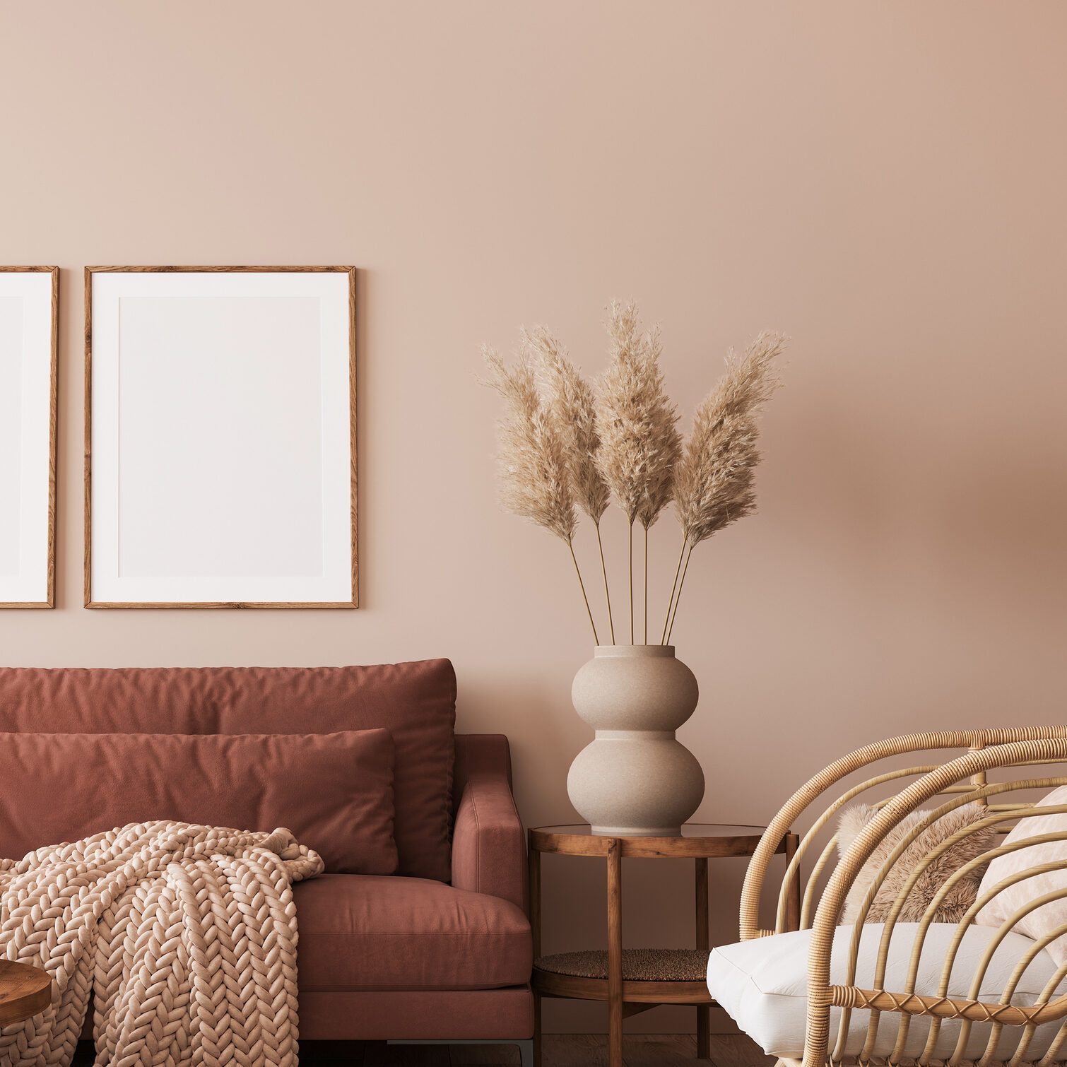 Cozy living room design, poster frame mockup in warm interior design space