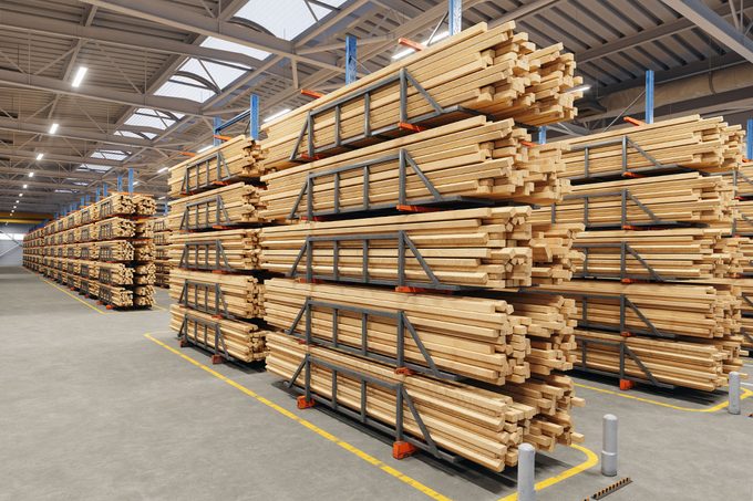 Lumber in lumberyard warehouse