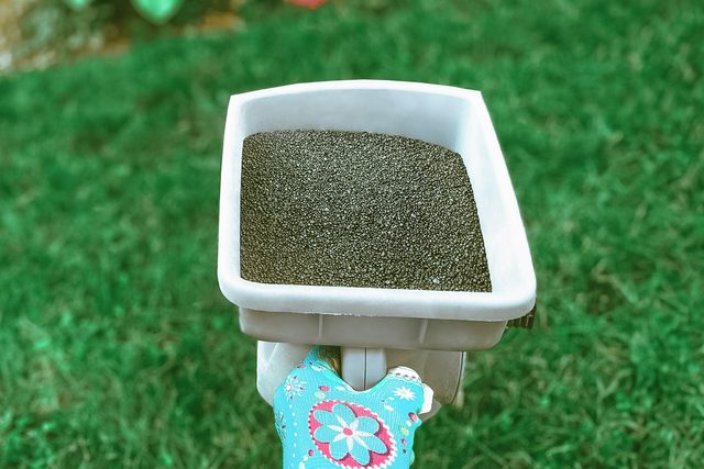 spreader filled with lawn fertilizer