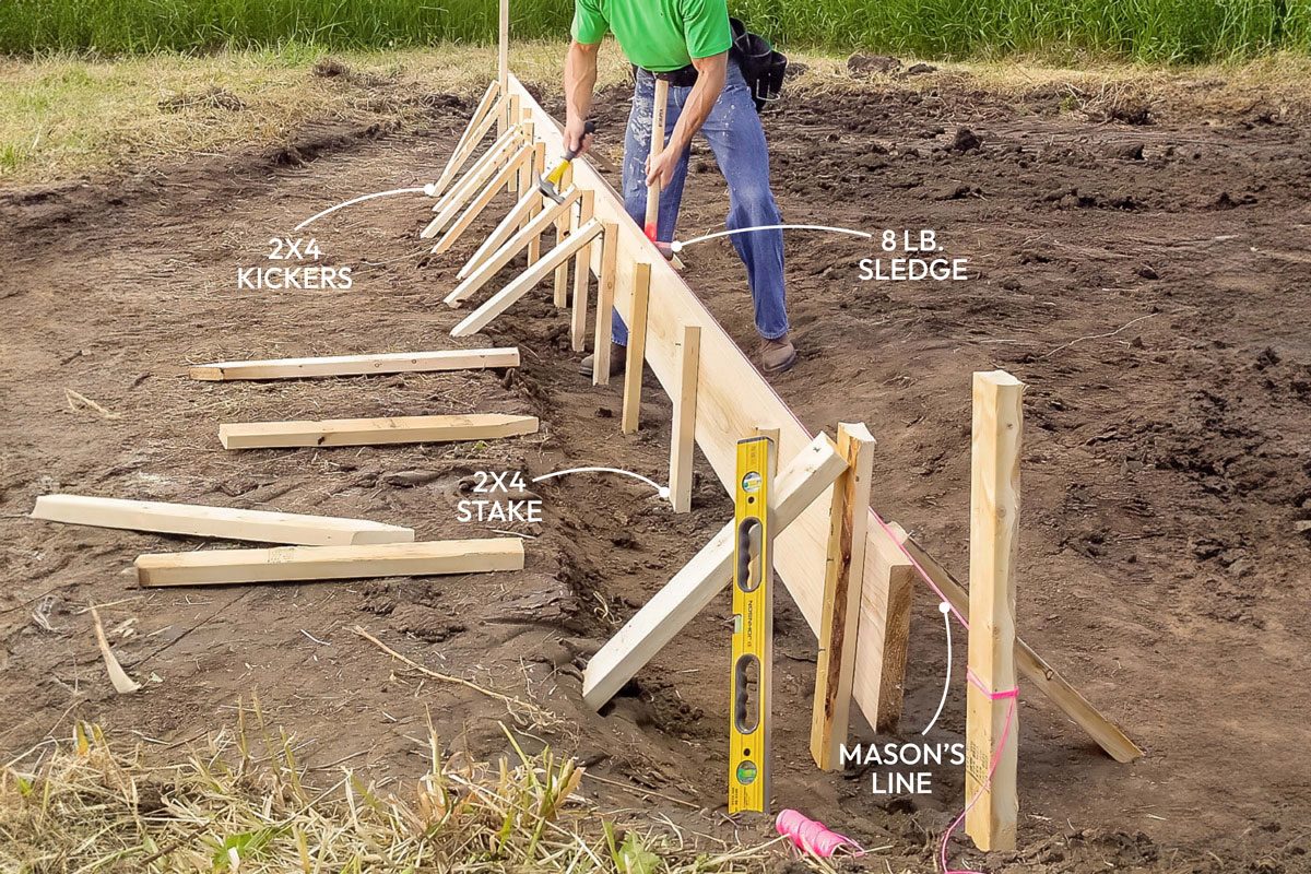 Wide shot; Step 2 Stake and Brace the Side Form; Stretch a mason’s line just above the top edge of the 2×12; Align the 2×12 with the string and brace it with pairs of 2x4s spaced every two feet; To absorb the shock and make nailing easier; hold a sledgehammer behind stakes and form boards as you nail;