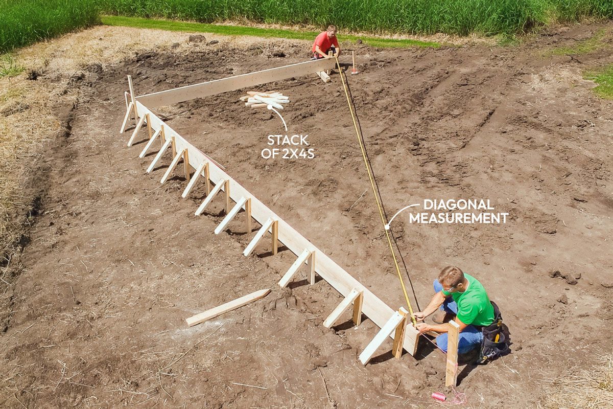 Wide shot; Step 3 Square, Level and Stake the Other Sides; Cut a second 2×12 to the width of the slab; Nail one end to the braced form and use the calculated length of the diagonal to set the form at 90 degrees; Drive a stake at the end; Level, straighten and brace the second form board; Add the third side;