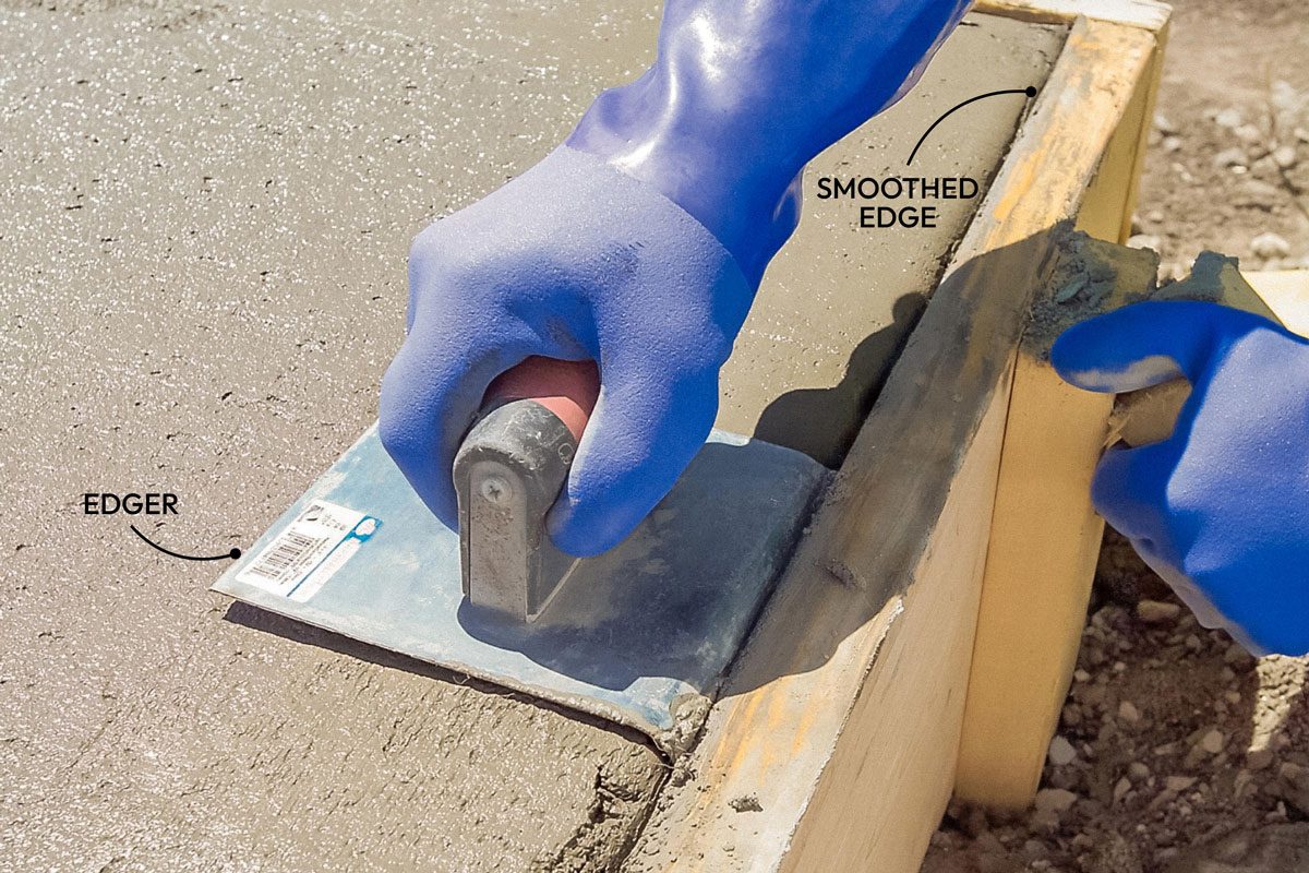 Close shot; Step - Round Off Slab Edges; Round the edges of the slab with an edging tool after any surface water disappears; Work the edger until the edge is solid and smooth;