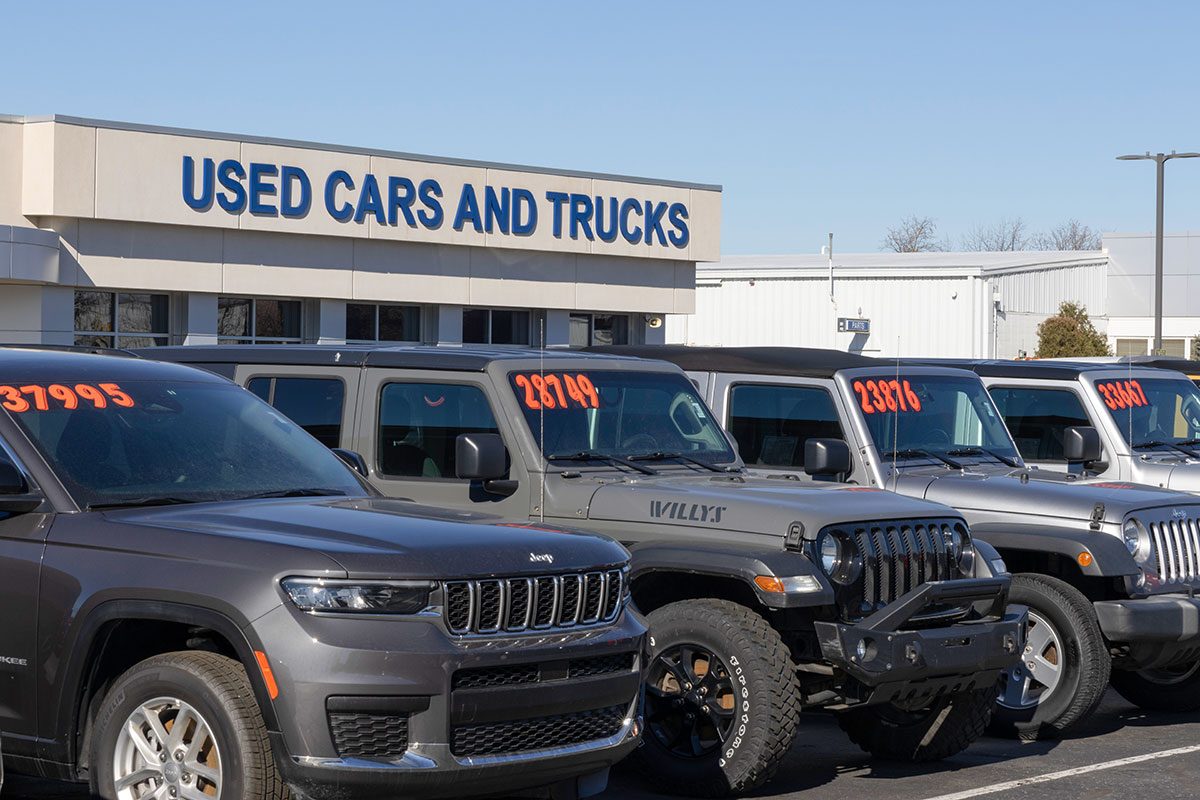 Used car display at a dealership.