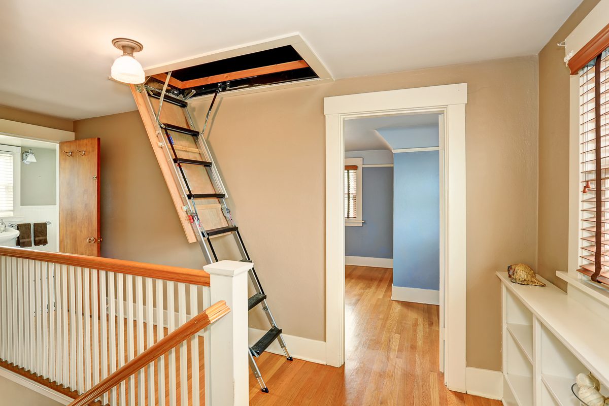 hallway interior with folding attic ladder
