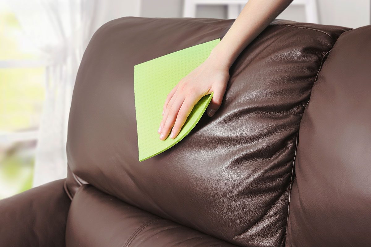 Leather sofa cleaning, woman