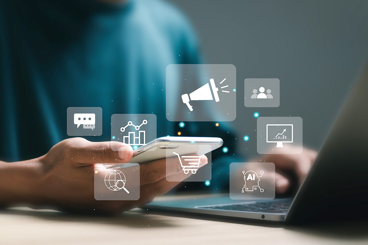 man use mobile smart phone with virtual screen of online advertisement, ad on website and social media