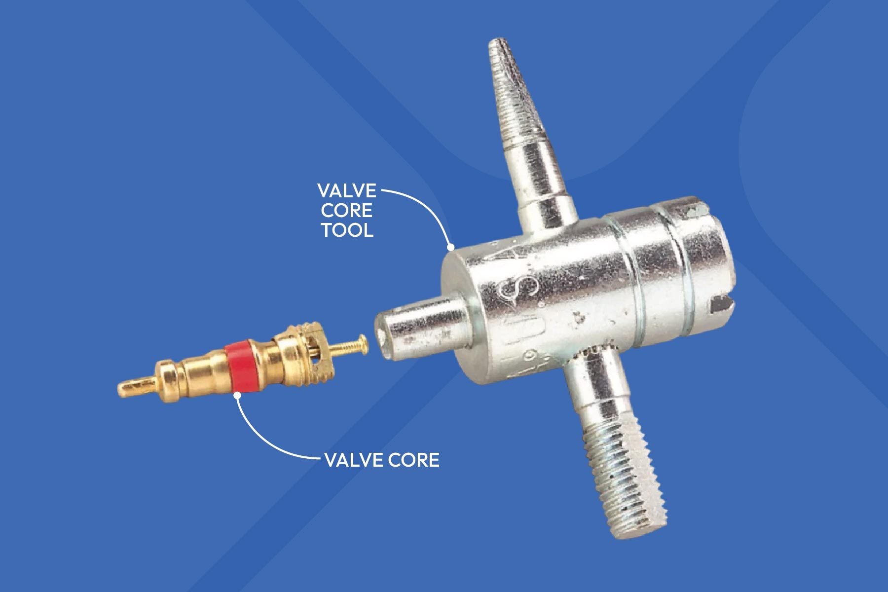 A valve core tool and a valve core are displayed, indicating the tool's purpose to install or remove the valve core in a tire or similar application.