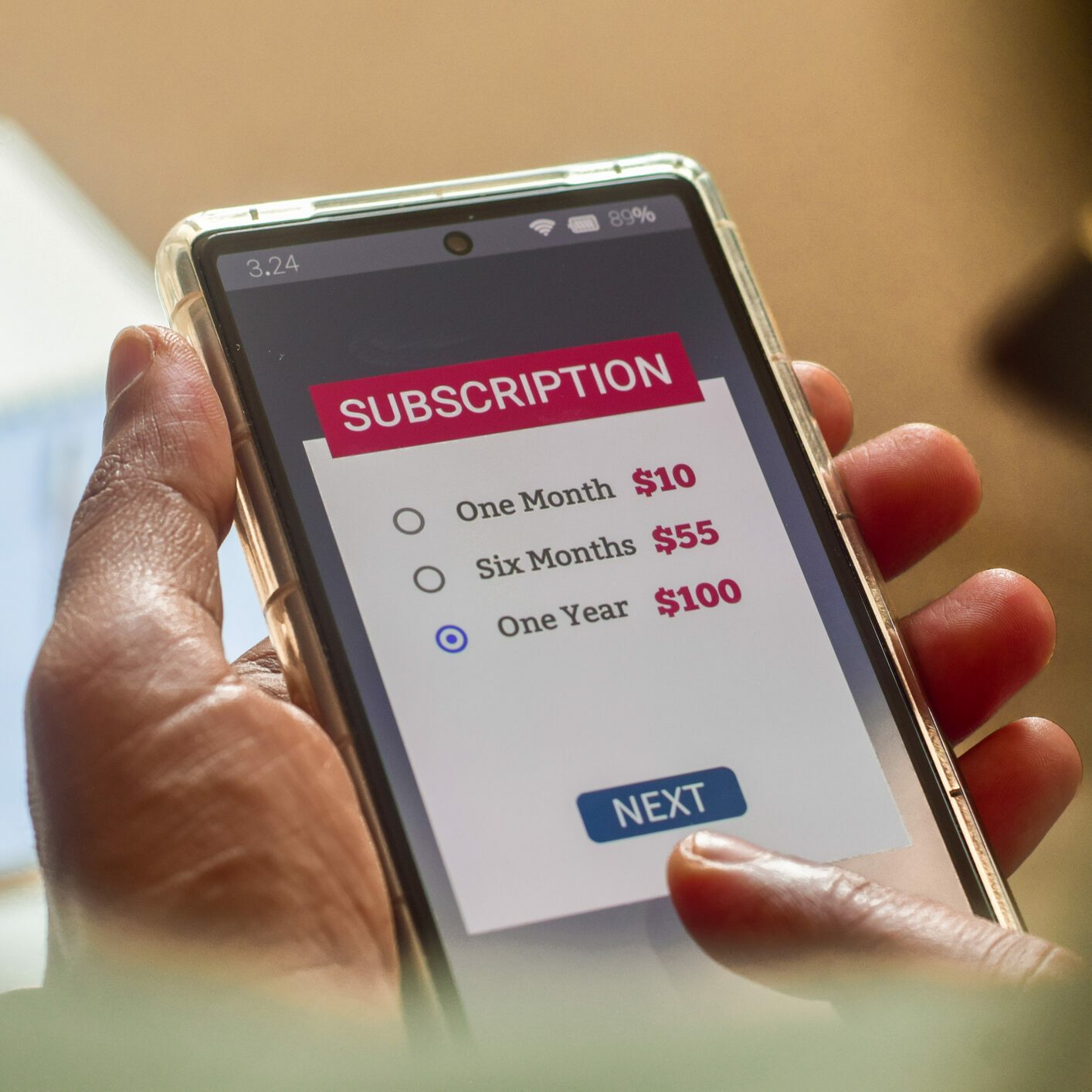 Man choosing a subscription plan for one year using mobile applications for newspaper or delivery or online streaming service.