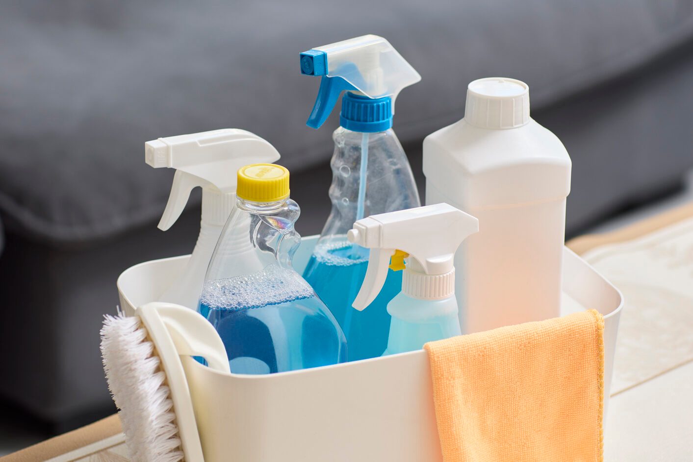 Close up of a box of cleaning supplies