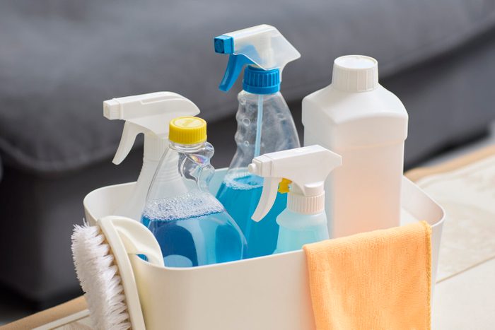 Close up of a box of cleaning supplies