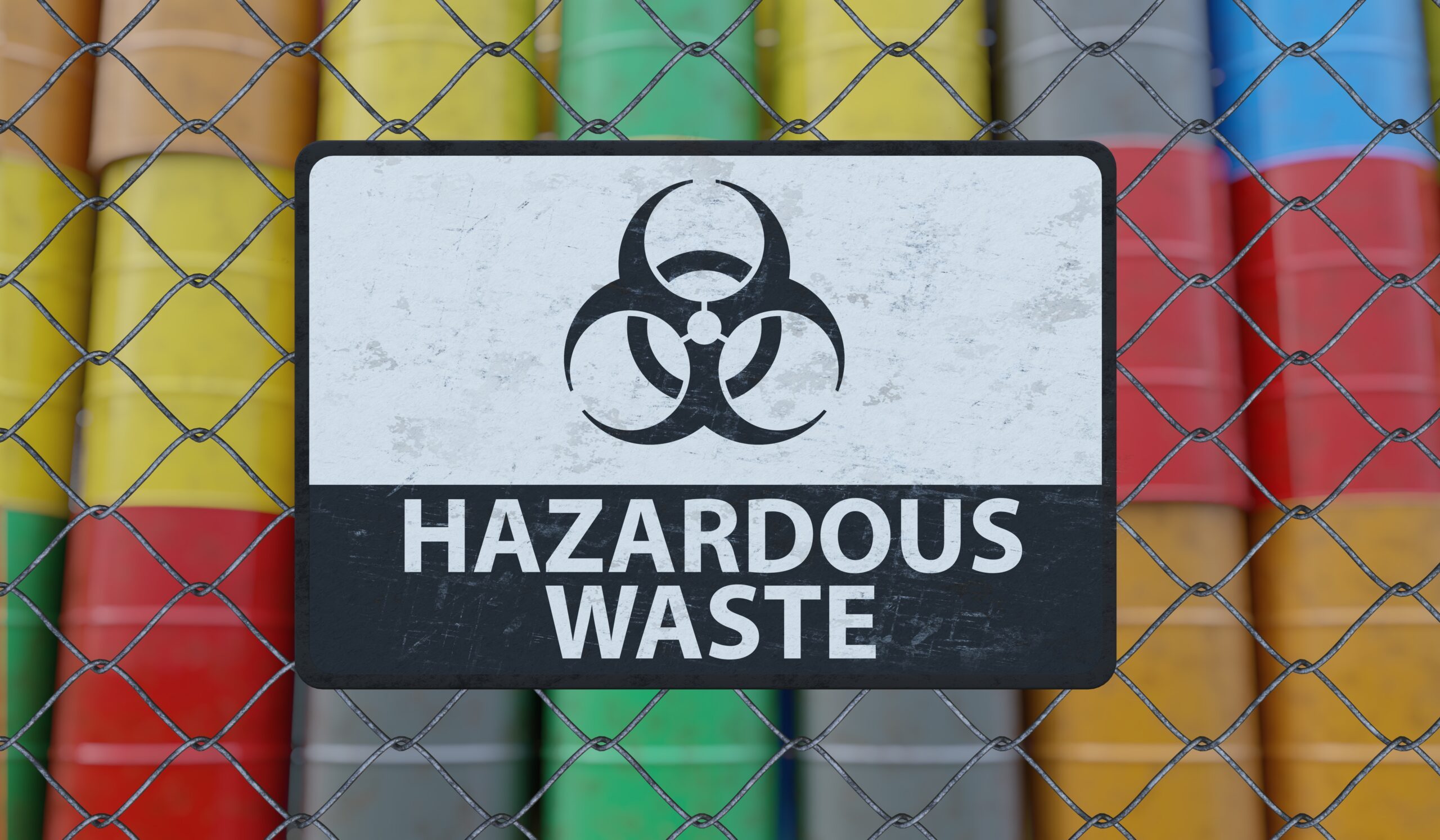 Hazardous waste sign on chain link fence. Oil barrels in background
