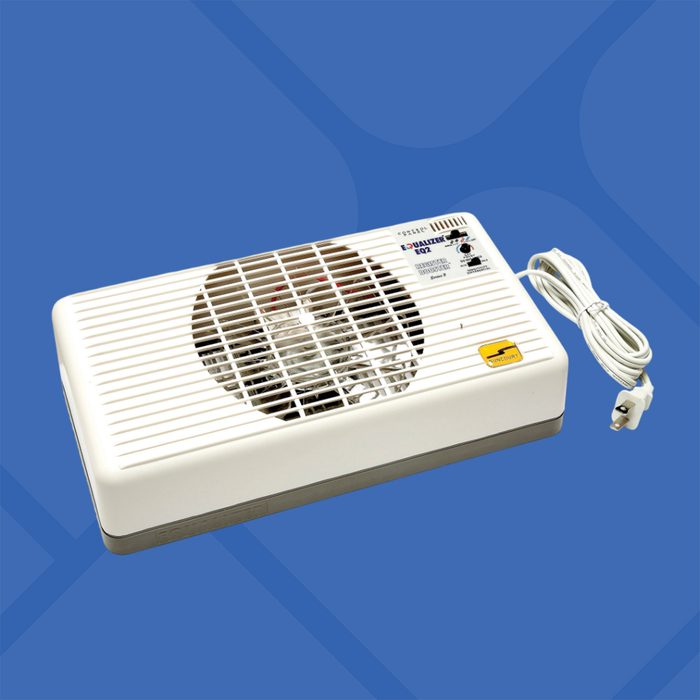 A white rectangular electric fan or air purifier with a vented front cover, control knobs, and a white power cord, displayed on a blue background.