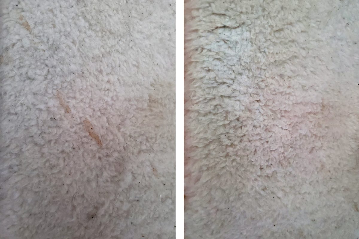 Side-by-side photos showing a close-up of light-colored carpet. The left side has a noticeable stain, while the right side shows the carpet after cleaning, with the stain mostly removed.