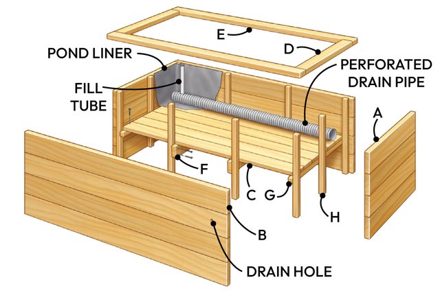 A cross-section of a wooden self-watering planter shows water-filled components, a fill tube, and drainage features, all inside a rectangular frame.