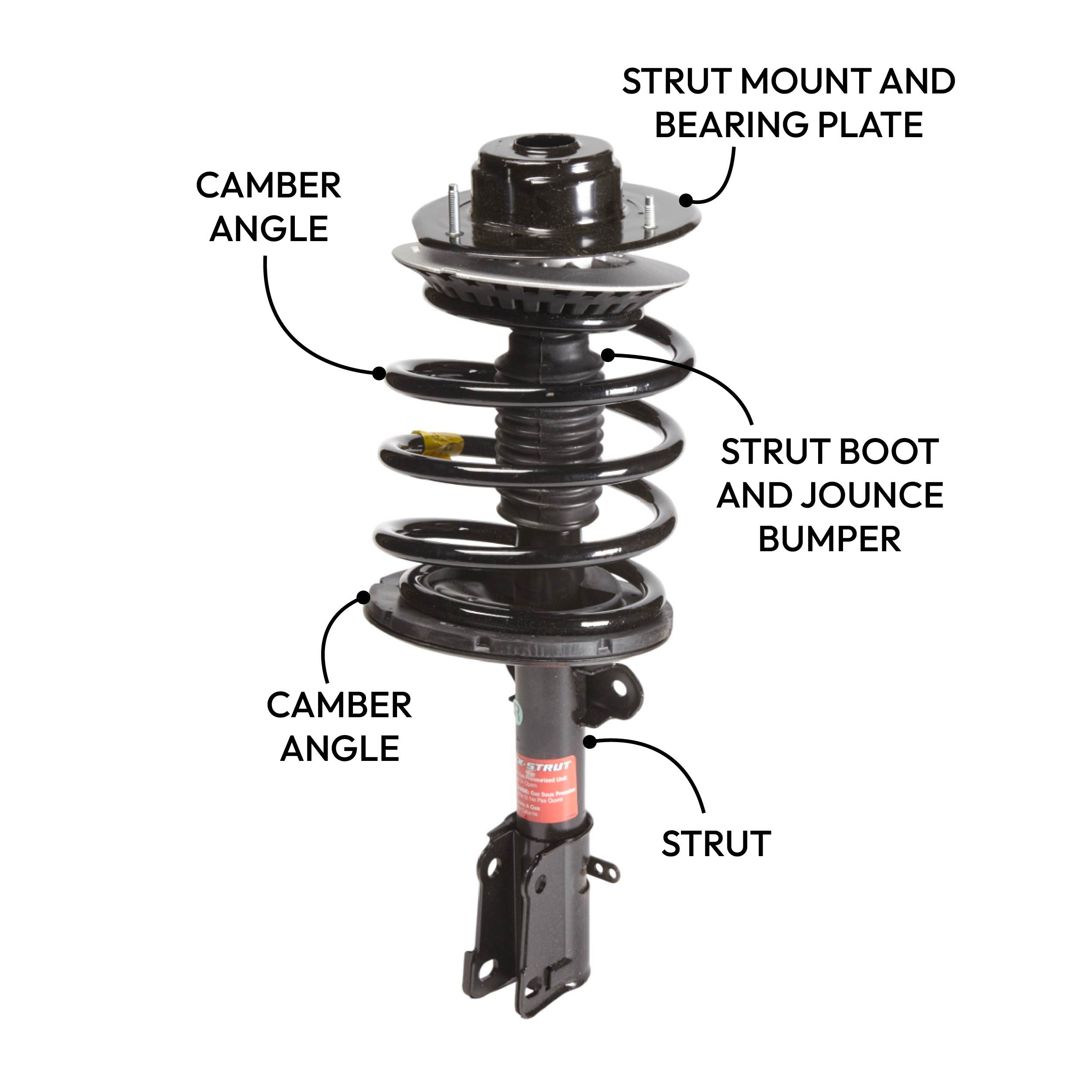 A car strut assembly stands upright, featuring a coil spring and various components labeled, used for vehicle suspension and support.