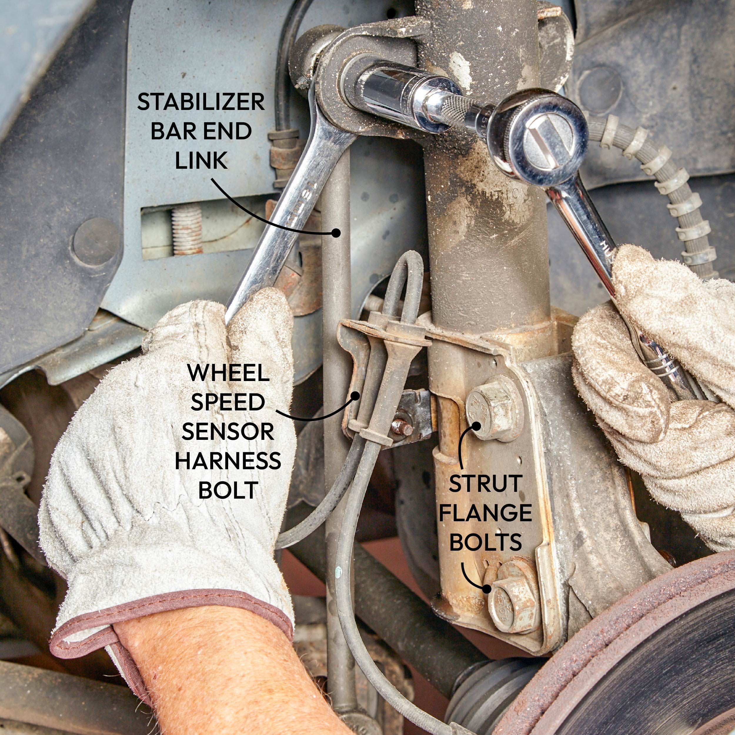 Hands wearing gloves use a ratchet to unscrew bolts on a vehicle's suspension system, surrounded by metal components and wiring.