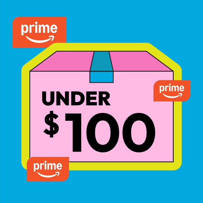Amazon Prime Day Sales Worth Your Money graphic on blue background with a pink box with blue tape with "under $100" written on it, with prime logo floating around the illustration