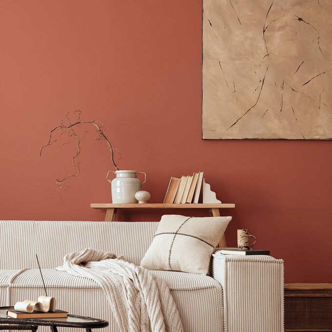 Living room's closeup with Clark + Kensington’s 2026 Color Of The Year paint on wall