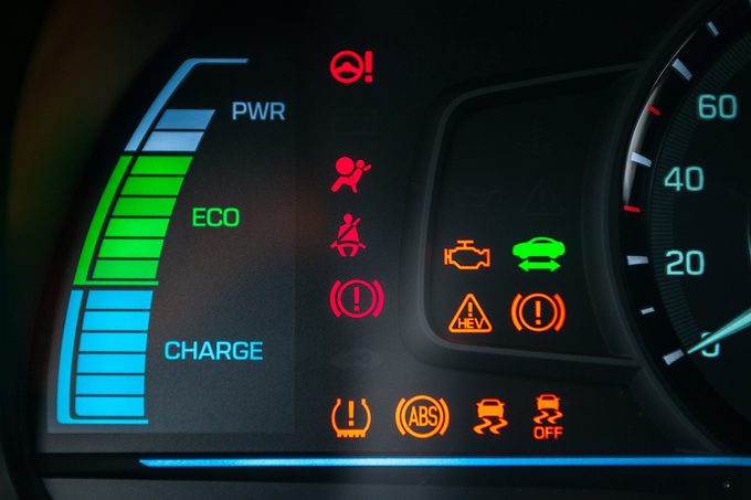 Car dashboard warning lights. Engine start moment. System check. Hybrid car.