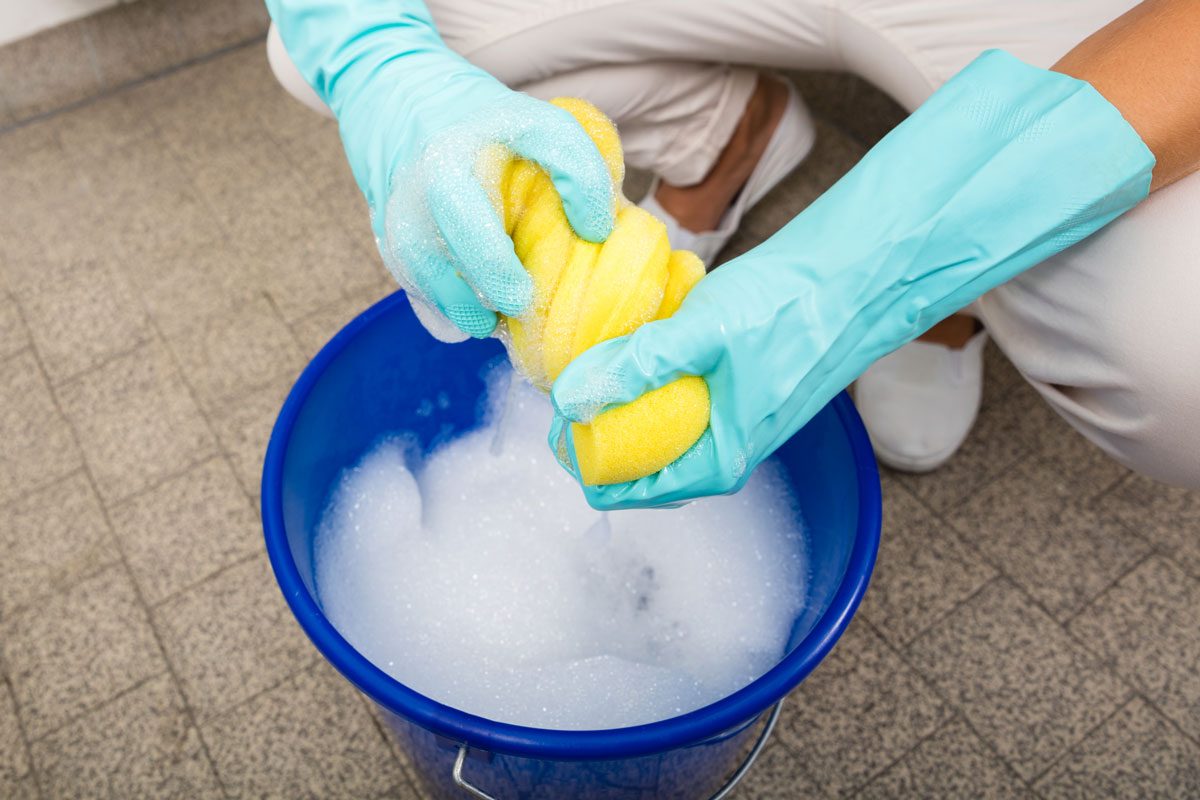 Woman Squeezing Sponge In Bucket