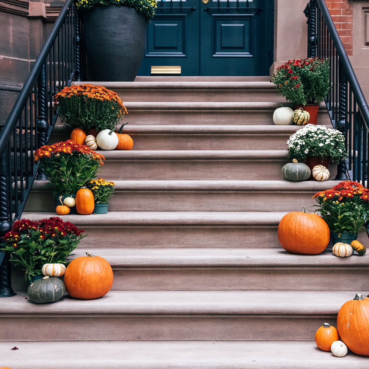 Pumpkins and autumn flowers on the door steps, decorations for Halloween