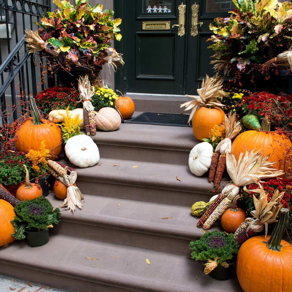 Display of Halloween pumpkins, squash, and Indian corn on doorsteps of brownstone building in New York City
