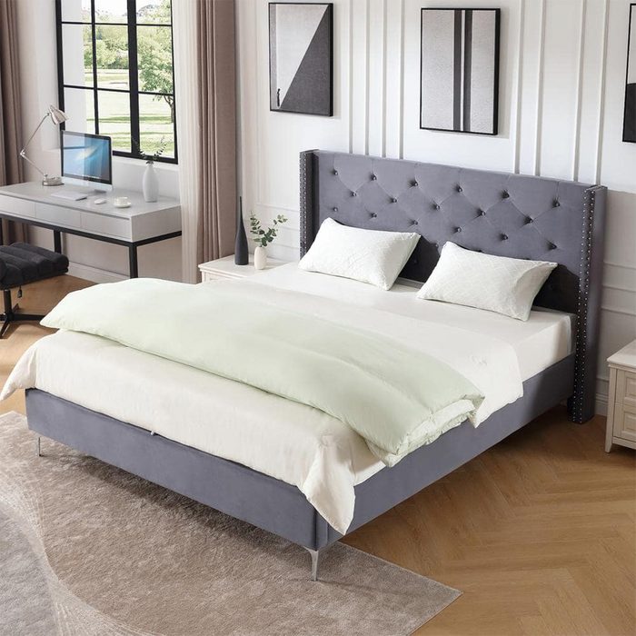 Grey Platform Bed Frame Via Homedepot.com
