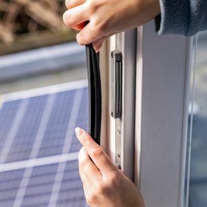 A person’s hands install a black weatherstripping seal onto the edge of a window, with a solar panel visible outside in the background.